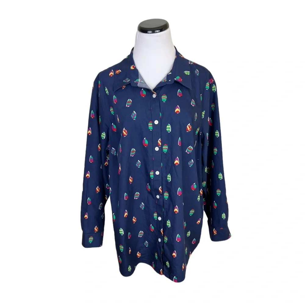 Lands End No Iron Supima Button Front Shirt 18W Sailboat Print Navy Blue - Picture 2 of 8